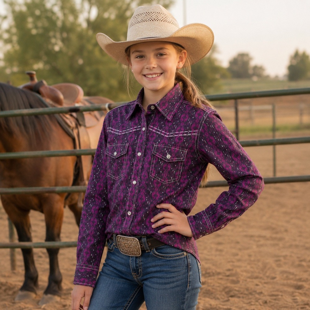 Cowgirl Hardware Girls Purple Tribal Geometric Western Pearl Snap Shirt Size S 6